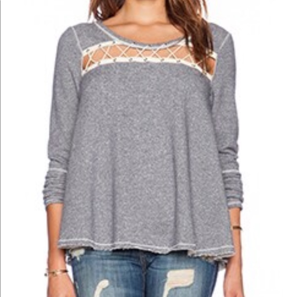 Free People Lacey Love Pullover in Indigo Combo with Lattice Piping NWT